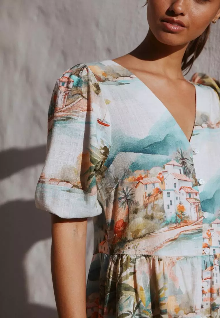 Short Sleeve Button Through Tiered Mini Dress with Linen