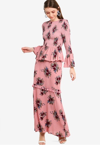 Smock Peplum Top Set from Lubna in Pink