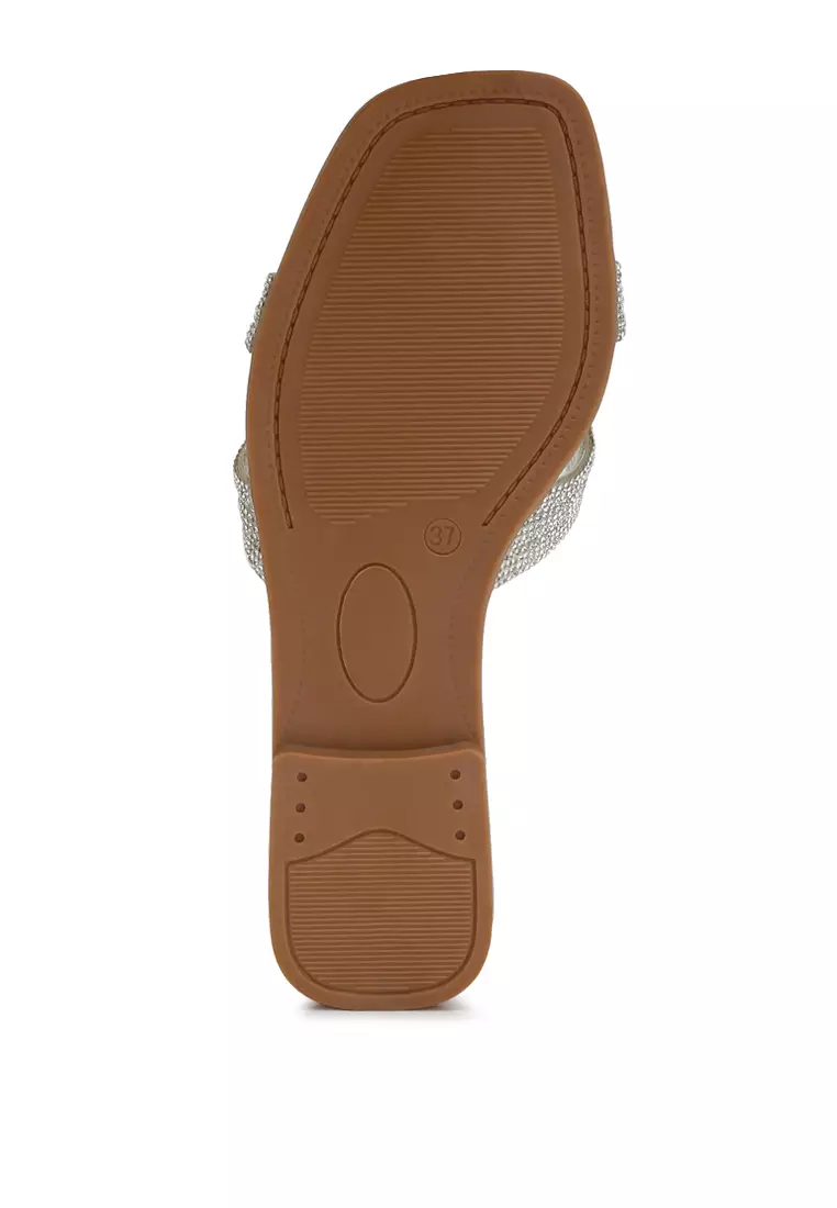 銀色水鑽裝飾平底涼鞋