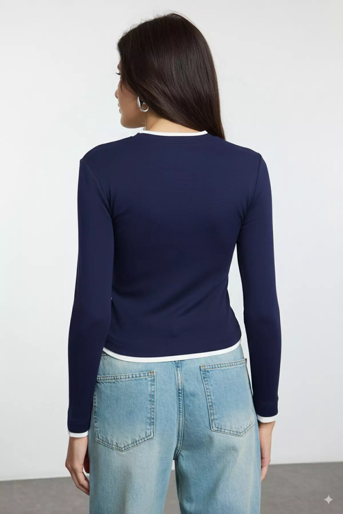 Navy Blue Color Block Fitted/Body-Smoothing Viscose/Soft Fabric Flexible Knitted Blouse Twoaw25Bz00114