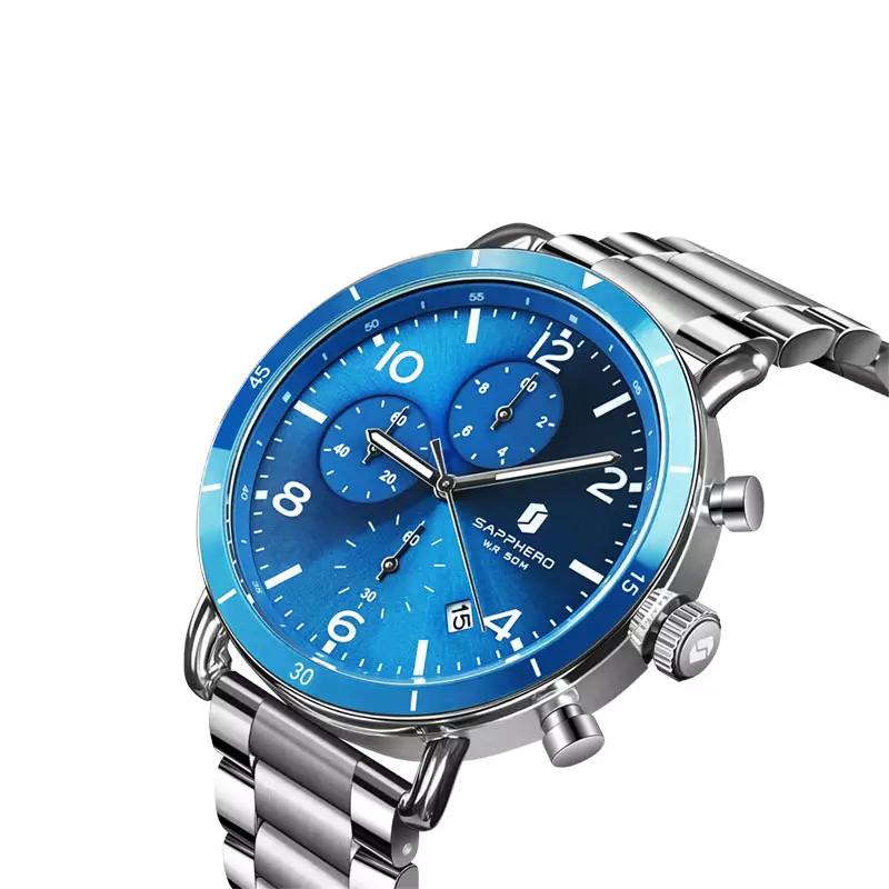 Jam Tangan Pria Sapphero SO-2205-SLVBLU Chronograph Blue Dial Stainless Steel Strap Quartz Watch 5 ATM Water Resistant