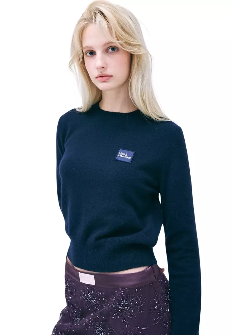 Cashmere Blended Round Neck Square Logo - Navy