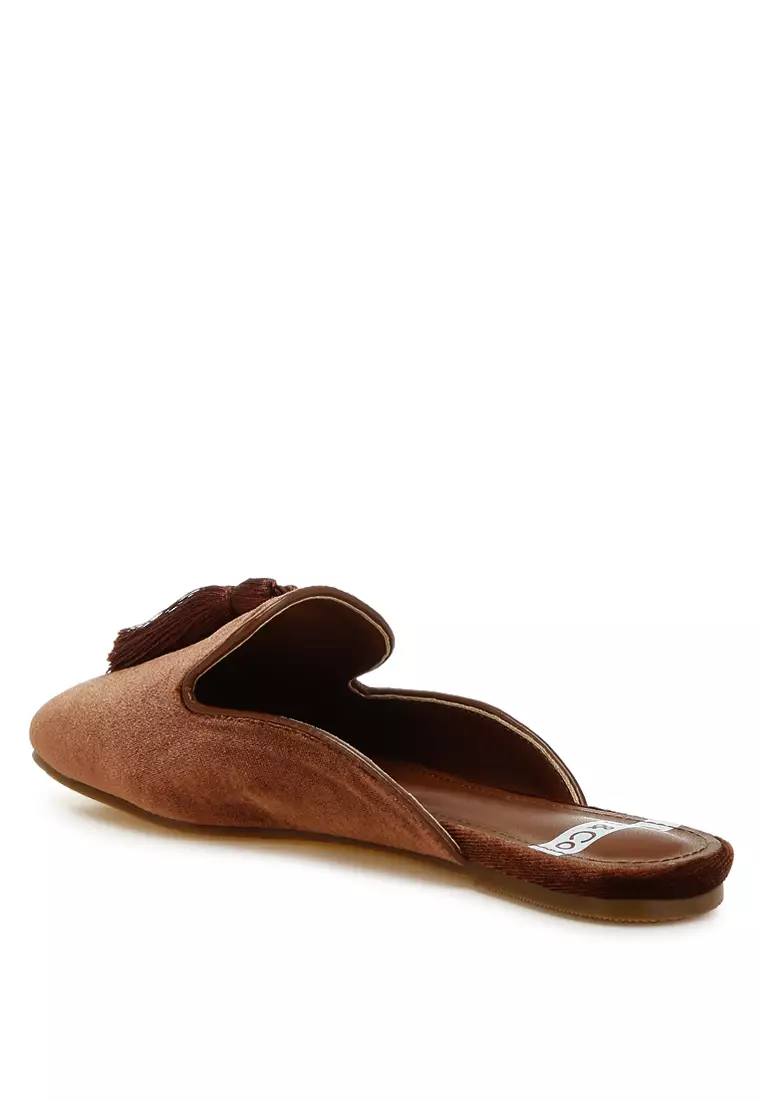 Tassel Detail Velvet Mules in Brown