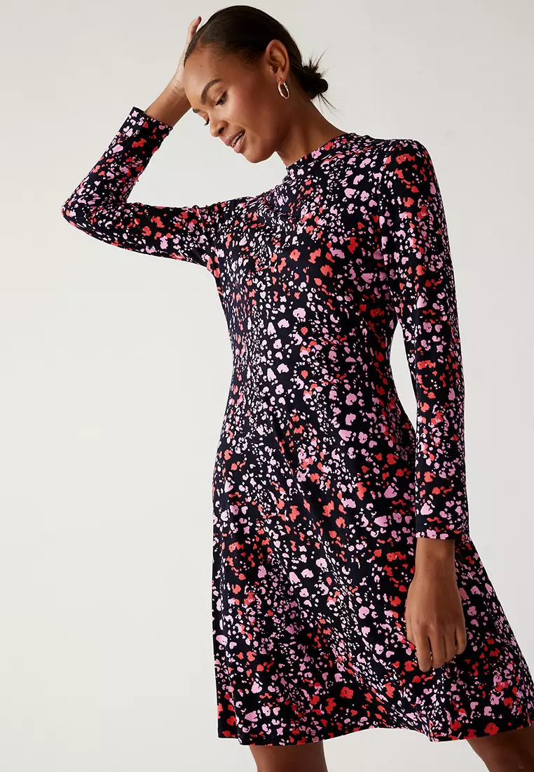 Jersey Printed High Neck Skater Dress