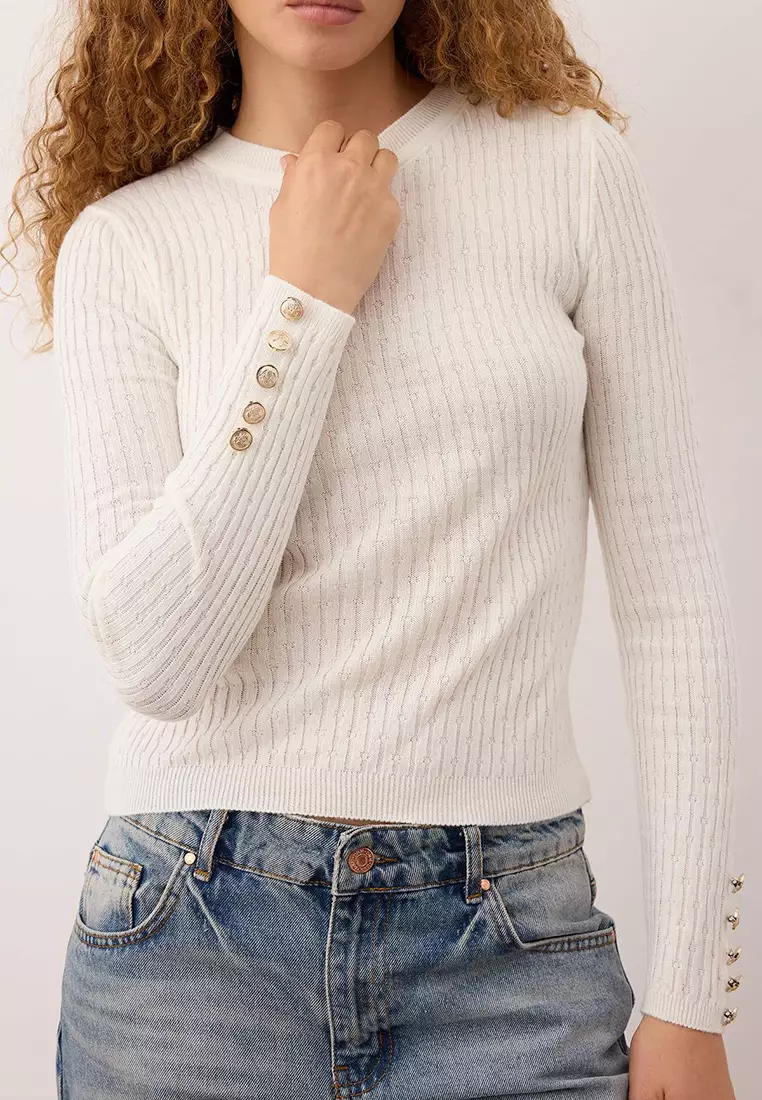 Ecru-Burgundy Crew Neck Hair Knit Double Knitwear Sweater