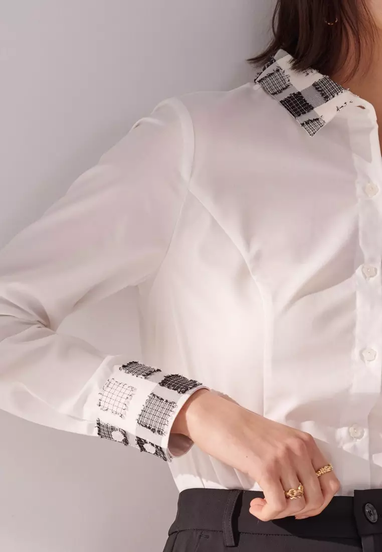 Check Collar White Skinny Shirt