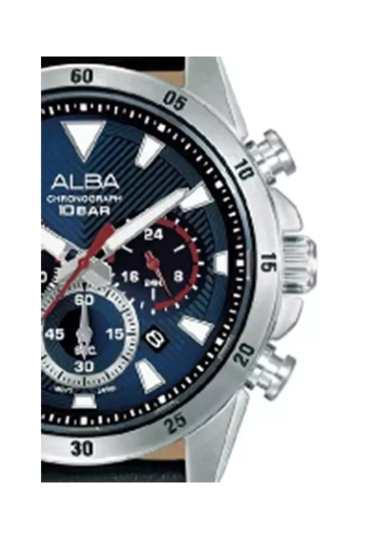 Jam Tangan Pria Alba Active AT3K71 AT3K71X1 Strap Leather Black Color Men Blue Dial Chronograph Feature Watch Original Garansi Resmi