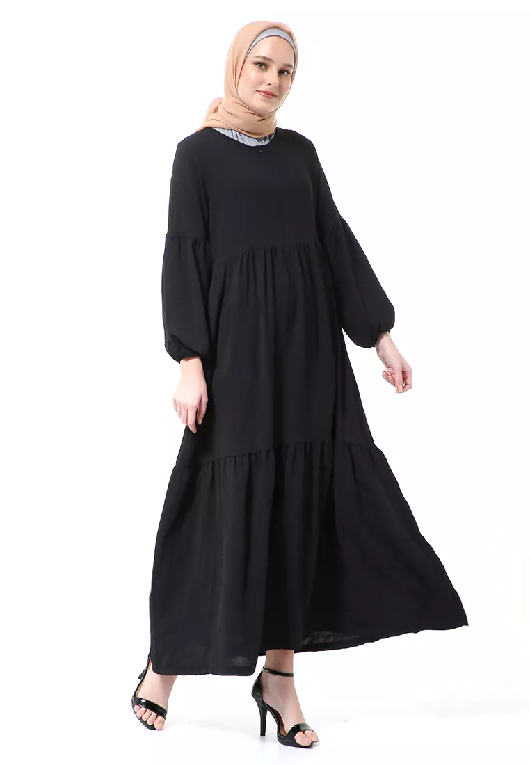 Tika Dress Wanita Gamis Muslimah Rubber Hands High Quality Premium - Black