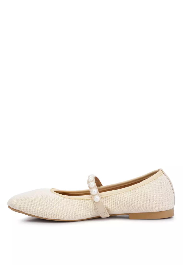 Beige Pearl Embellished Ballerina Flats
