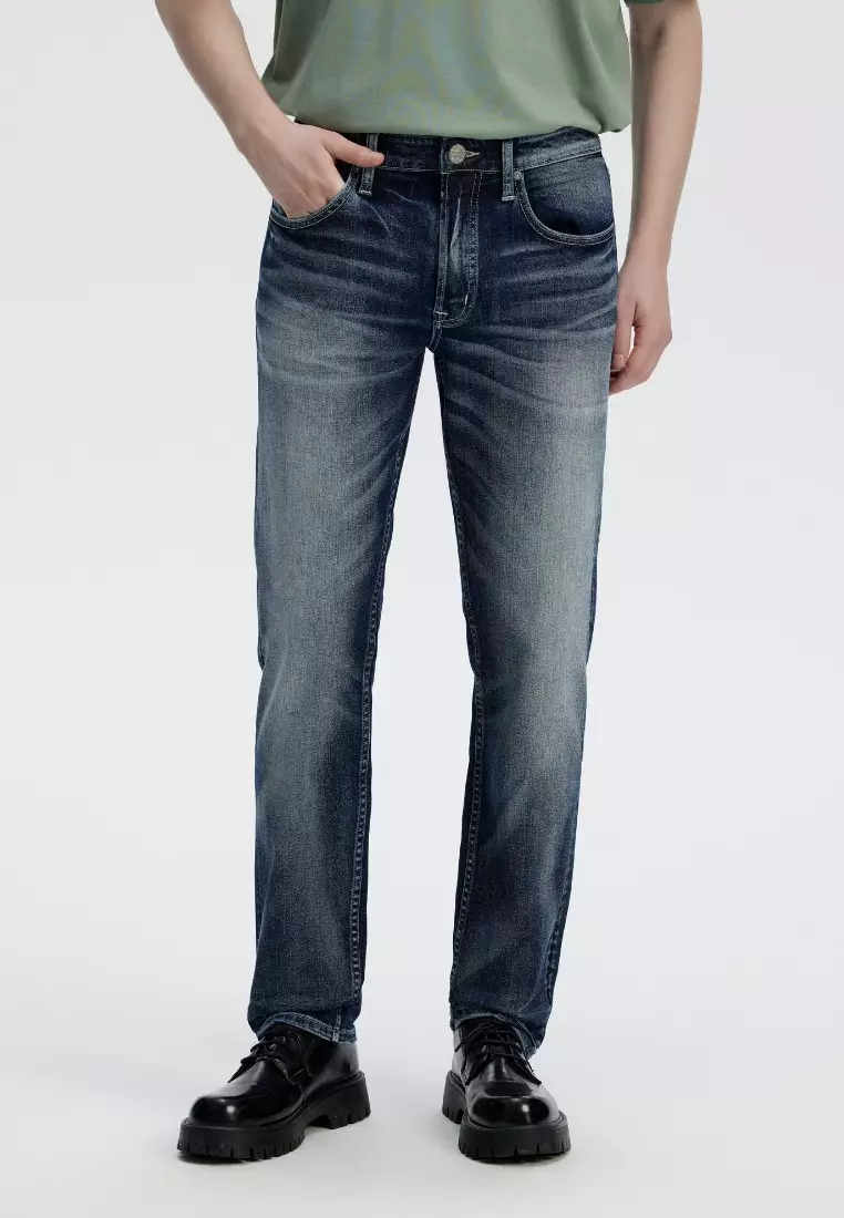 男裝V57修身修腳深水洗破舊牛仔褲