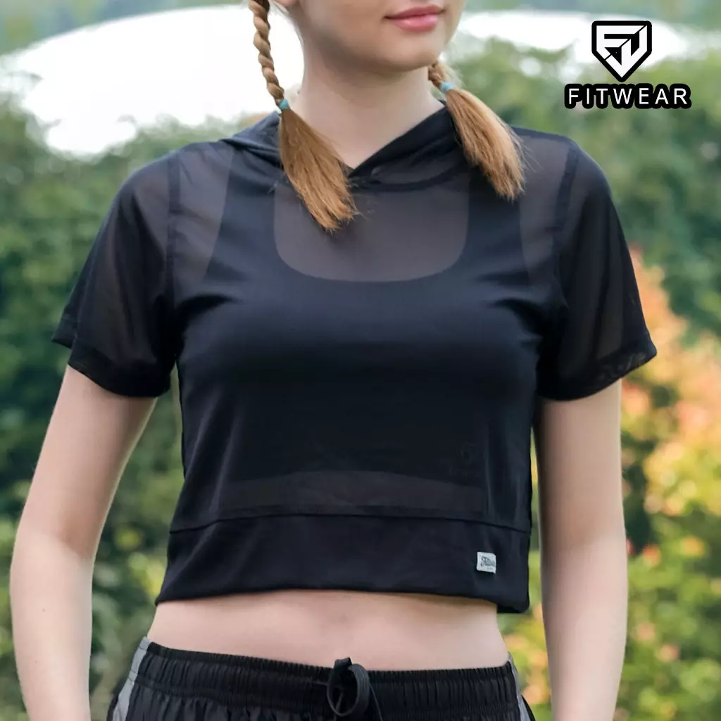 Fitwear - Croptop Jaring / Mesh / Sheer Olahraga SOPHIA OUTER HOODIE SS BN - BLACK