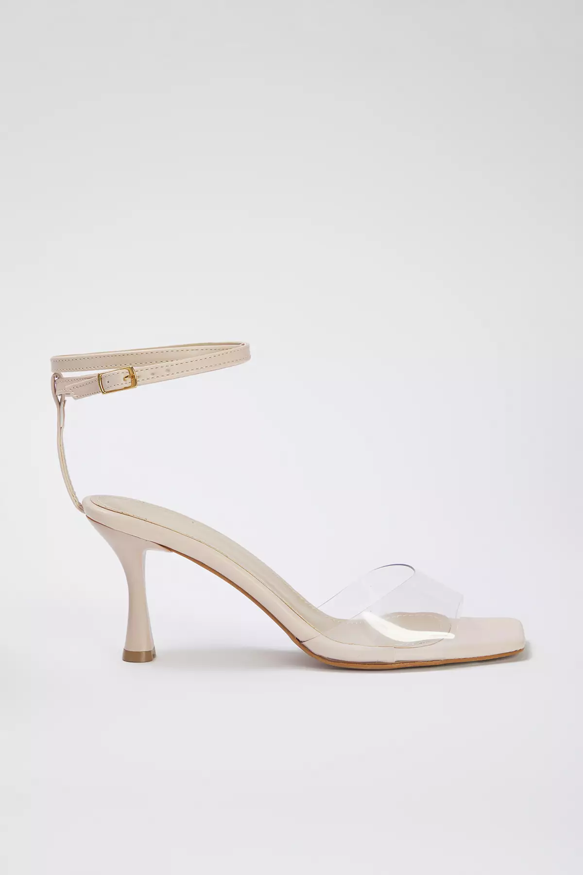 Beige Square Toe Vinyl Strappy Ankle Strap Women's Heeled Sandals - Takss25To00011