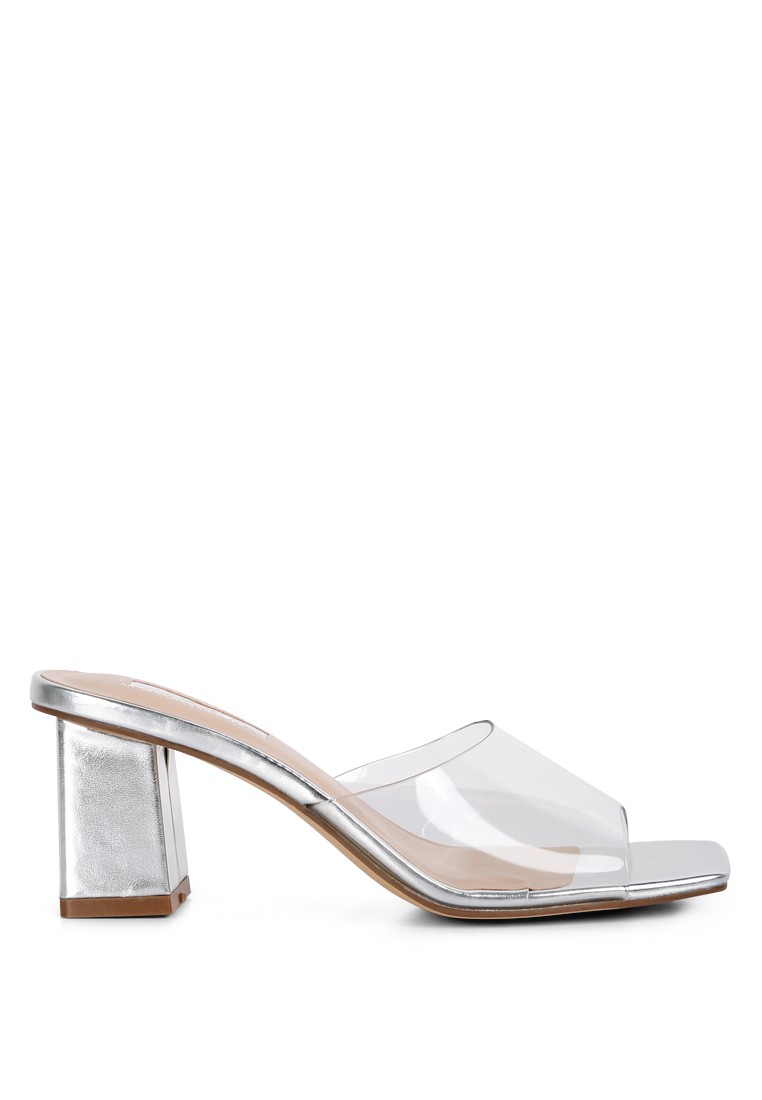 Silver Metallic Clear Strap Block Heeled Sandals