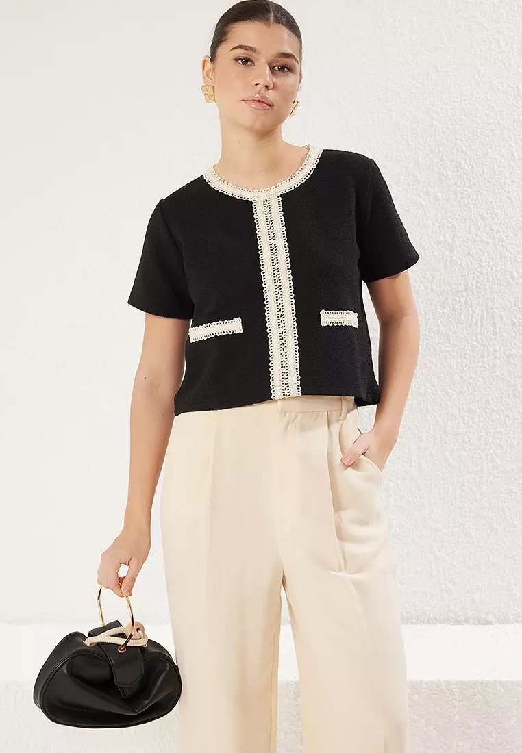 Black Color Block Crop Regular/Normal Pattern Tweed Knitted Blouse