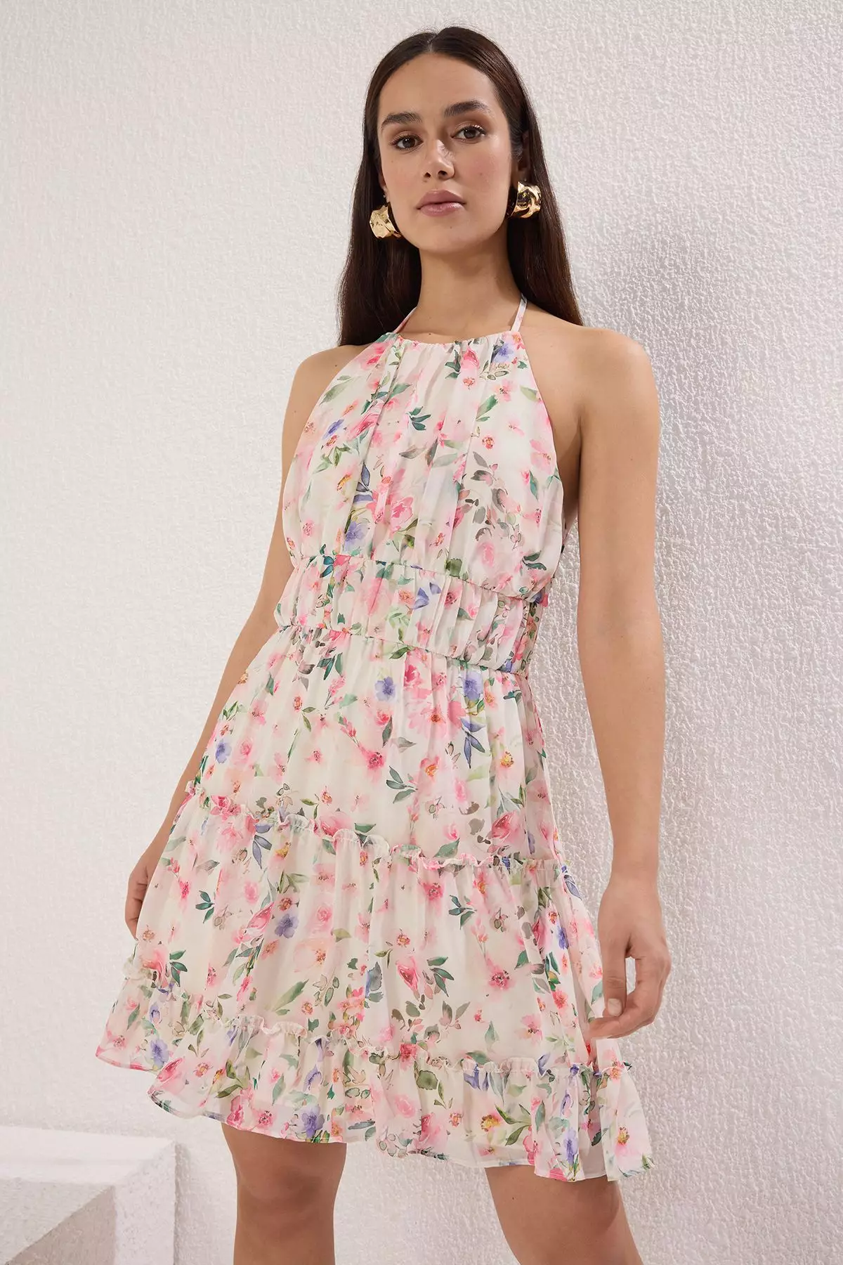 Pink Patterned Mini Woven Dress with Opening Waist Skirt TWOSS25EL00415