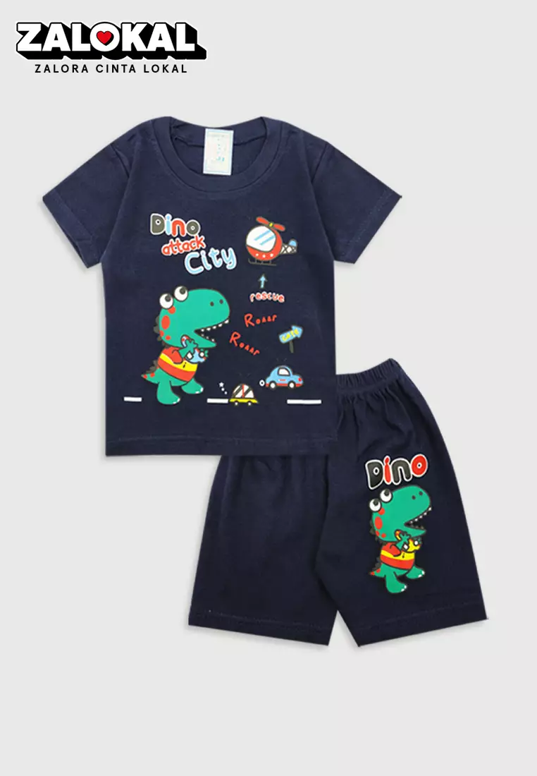 Wakakids Baju Bayi Anak Laki Laki Setelan Celana Kaos Usia 6 Bulan Hingga 12 Bulan Motif Dino 2949 Navy