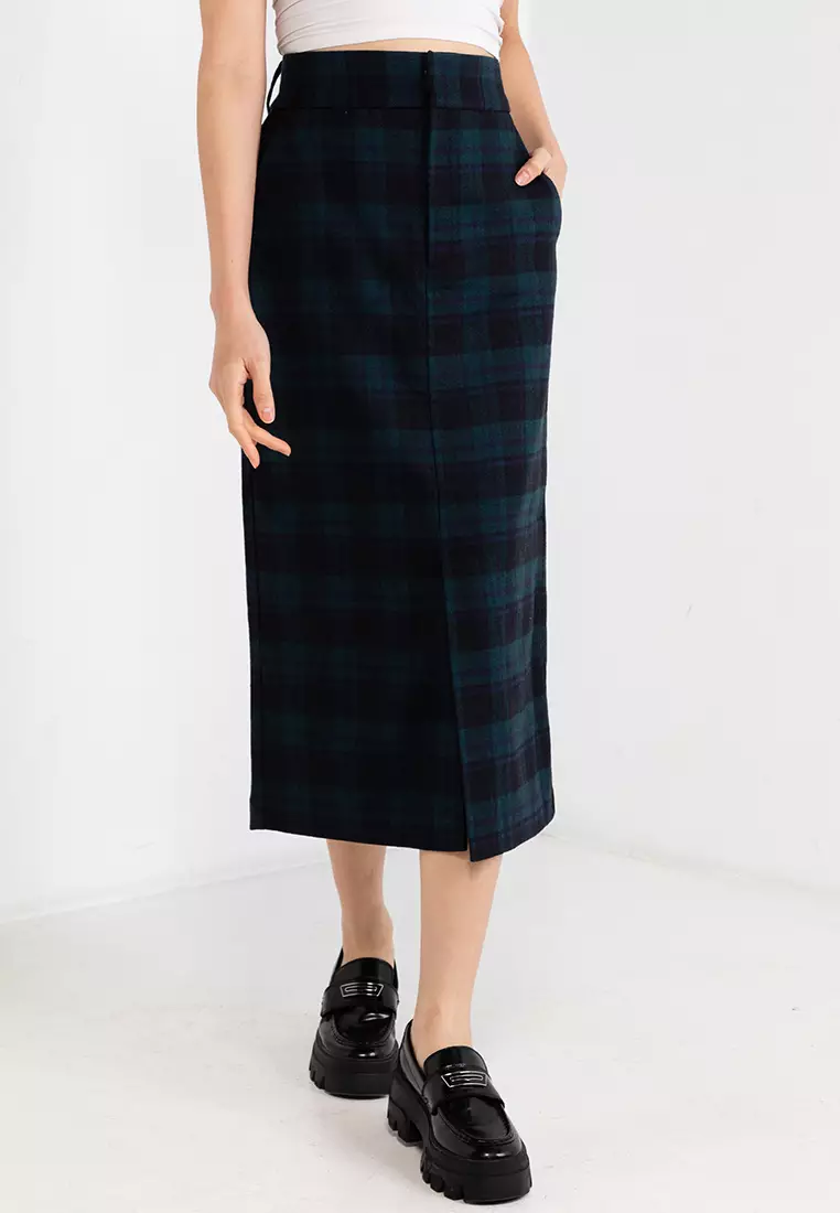 Green plaid skirt wool store