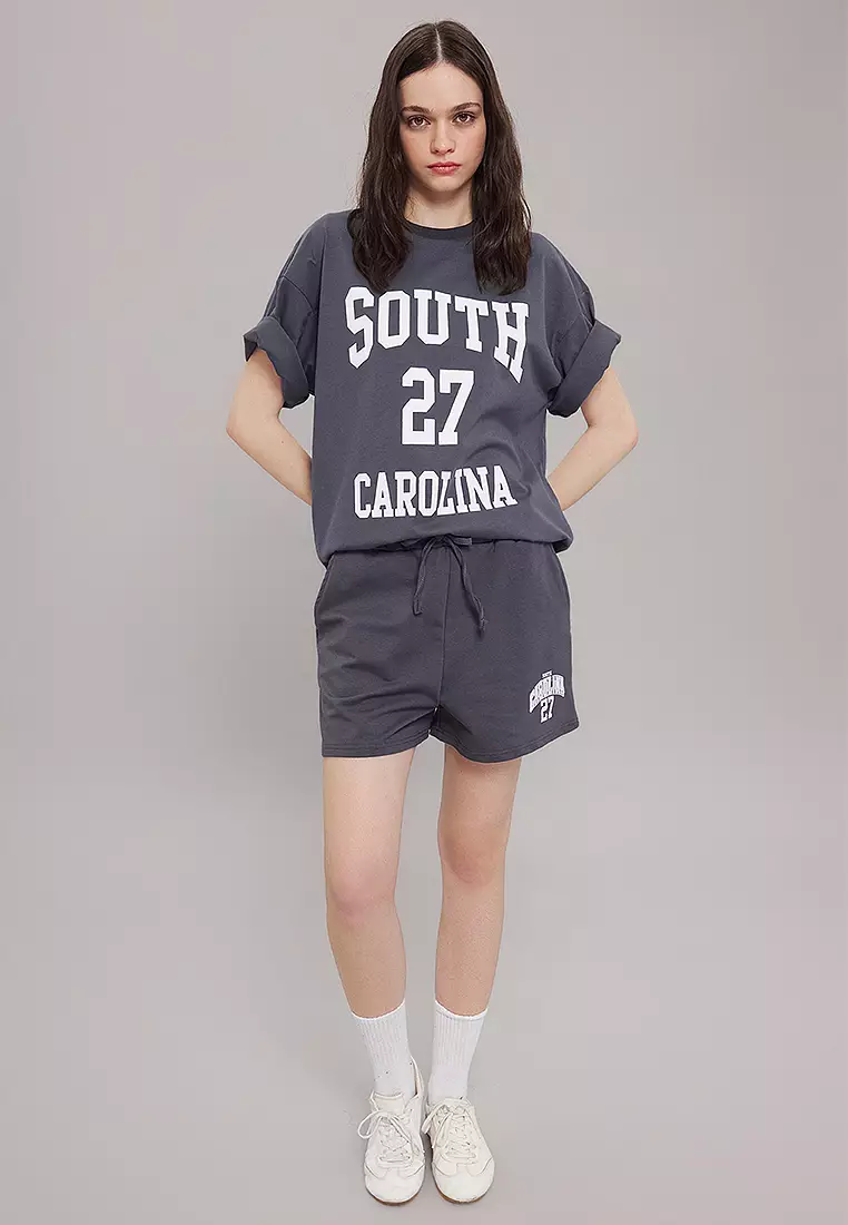 Anthracite Slogan Oversize/Wide Cut Top Short Knitted Top Bottom Set