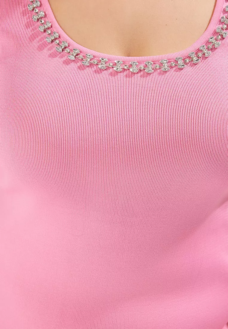 Pink U-Neck Stone Detailed Summer Knit Dress Tbbss25Ah00123