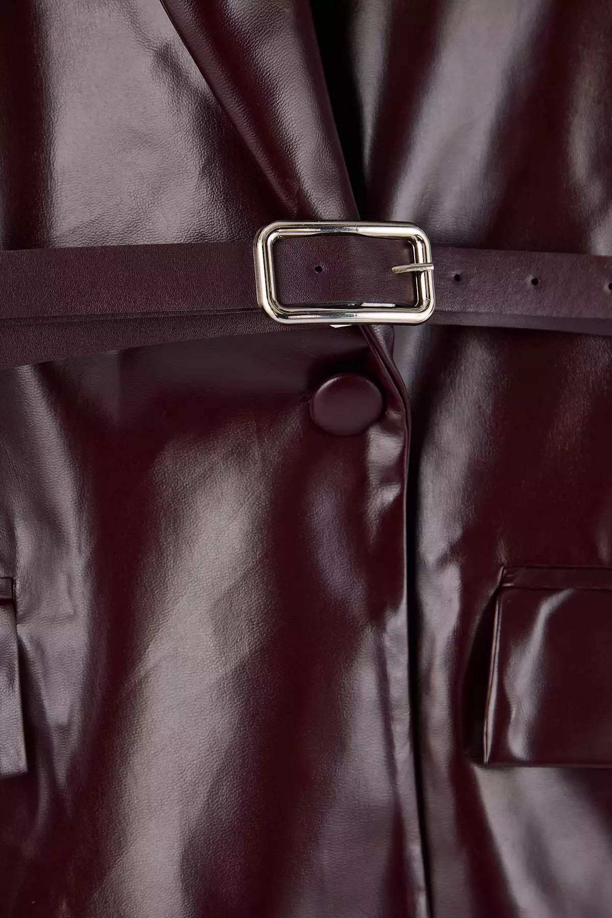 Burgundy Belted Double Breasted Closure Faux Leather Blazer Jacket Tbbaw26Ag00041