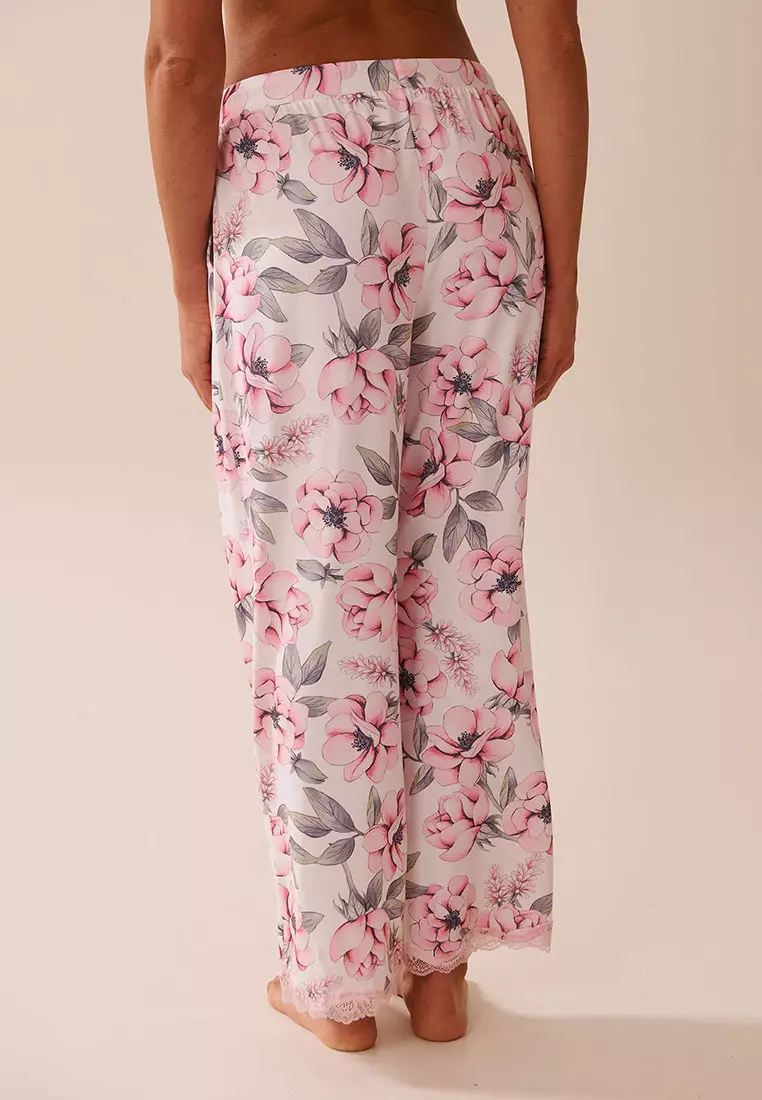 Camellia Print Lace Trim Super Soft Pajama Pants