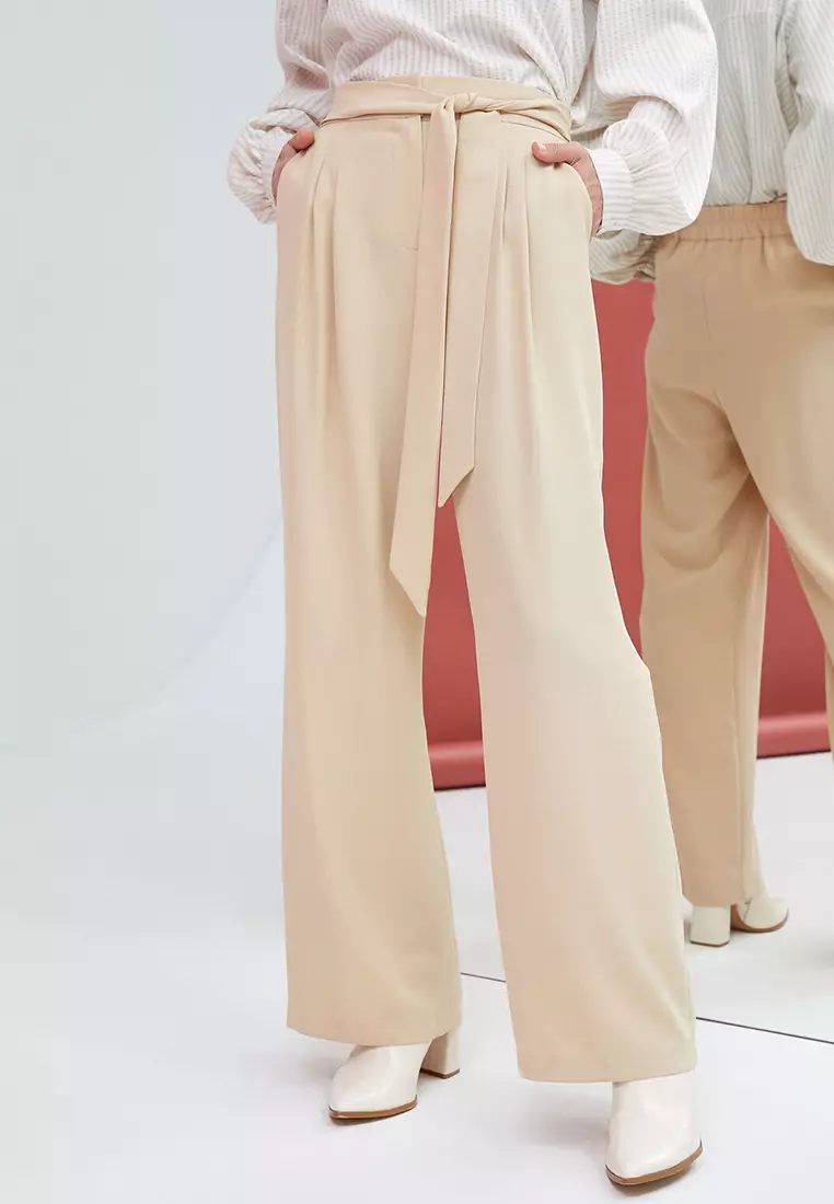 Buy KOTON Palazzo Trousers with Pockets, Belted Waist and Pleats