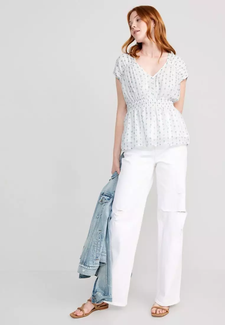 Waist-Defined Printed Dolman-Sleeve Top