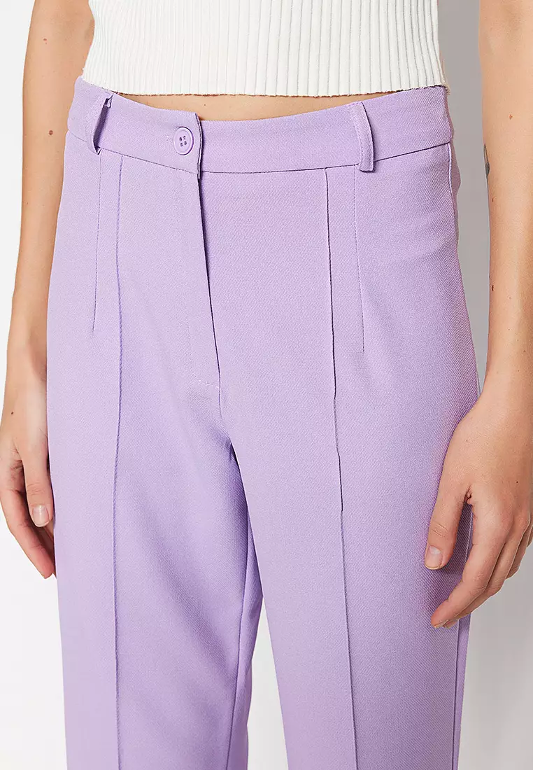 Lilac Straight High Waist Ribbed Stitched Woven Trousers