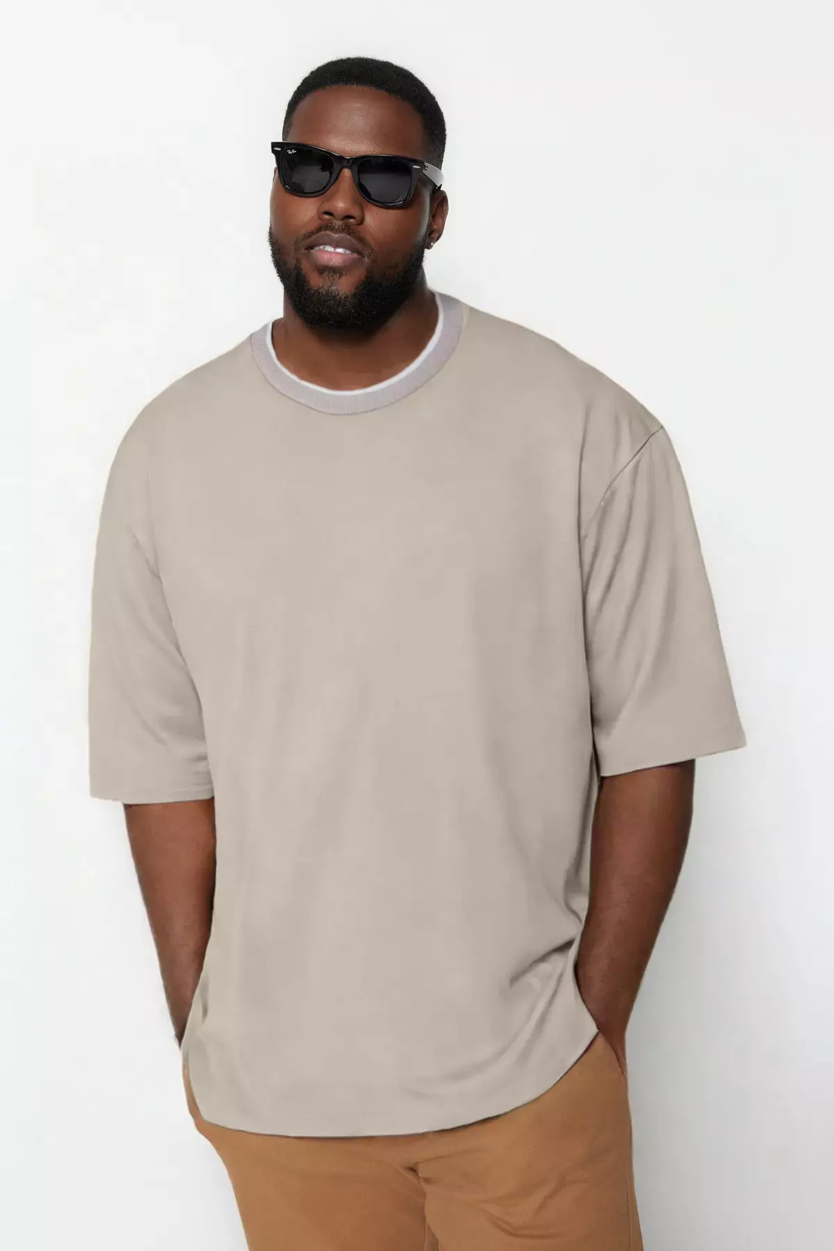 Oversize/Wide Cut Knit Banded Textured Pique T-Shirt
