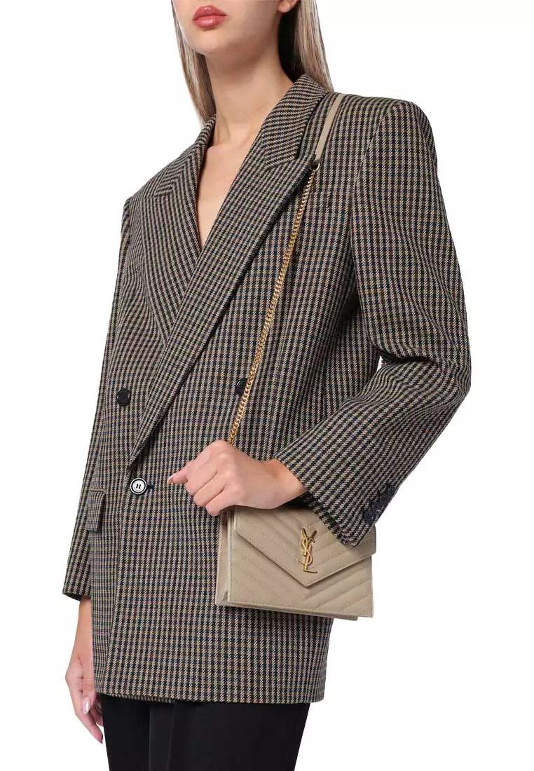 YSL Matelasse Envelope Chain Wallet In Grain De Poudre Embossed Leather Dark Beige/Gold 742920BOW01