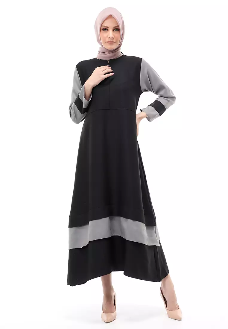 Aurel Dress Maxi Muslimah Wanita Polos Dual Tone Color Regular Fit - Black Grey