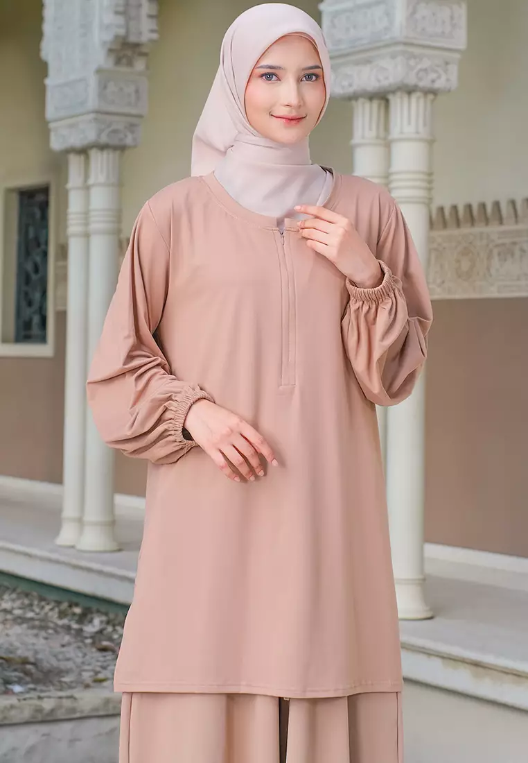 JV Hasanah Oneset Culottes Rayon Baju Kurung Mocca | Setelan Kulot Rayon Baju Kurung Busui Jumbo