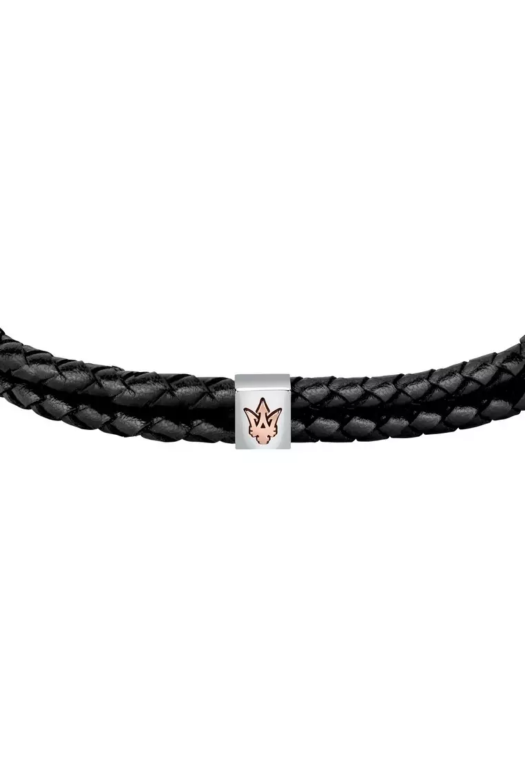 Maserati Jewels 220mm Men's Leather Stainless Steel Bracelet, Black, JM422AVE13 (Adjustable)