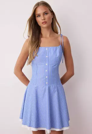 blue dress neck scarf Amoris T709 Elegant Chiffon Mini Dress with Neck Scarf Light Blue / XXS