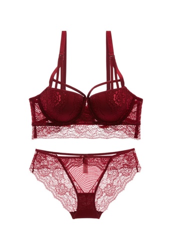 ZITIQUE red Women's Latest 3/4 Cup Push Up Lingerie Set (Bra And Underwear) with Floral Lace Pattern  - Wine Red 60A48US5D7ACD0GS_1