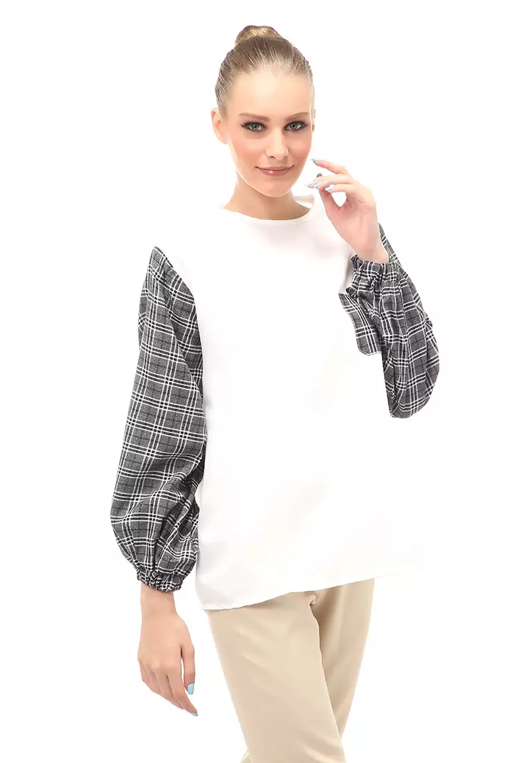 Shana Blouse Dual Tone Color Lengan Puff Atasan Wanita - Denim
