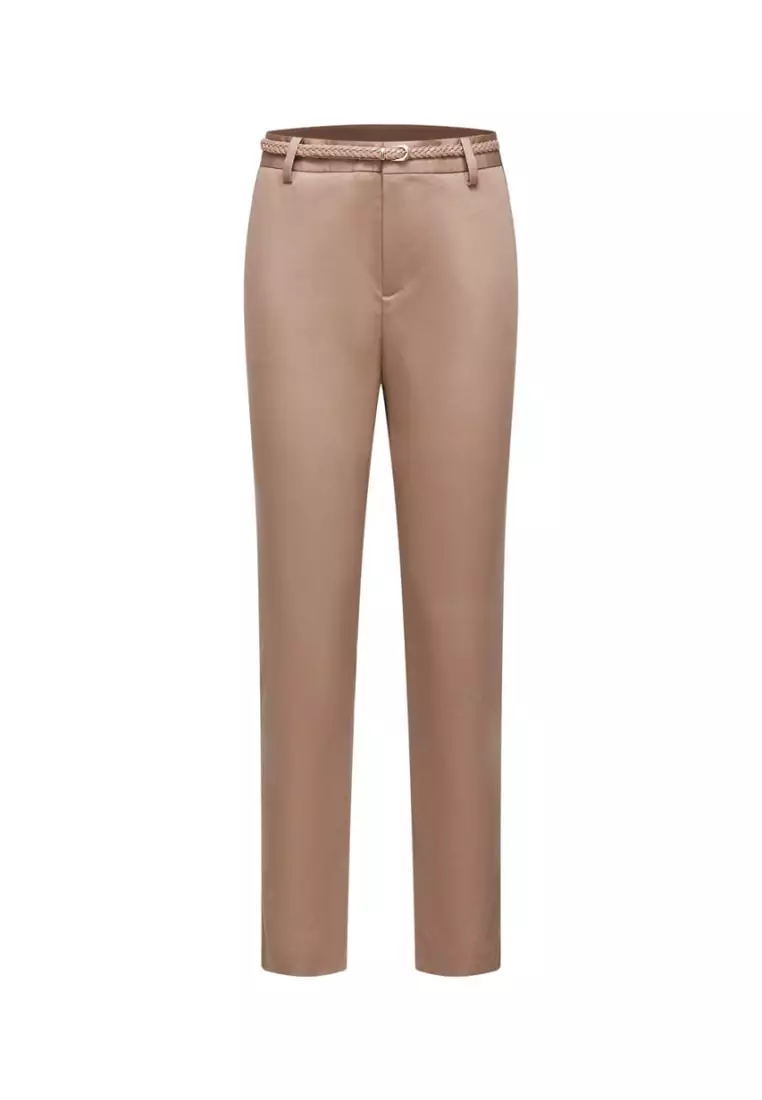 Cotton Blend Spandex Satin Ankle Skinny Pants With Belt