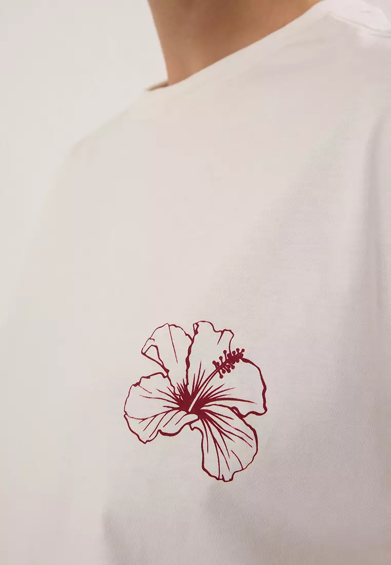 Ecru 100% Cotton Oversize/Wide Pattern Front Back Printed Knitted T-Shirt Twoss25Ts00059