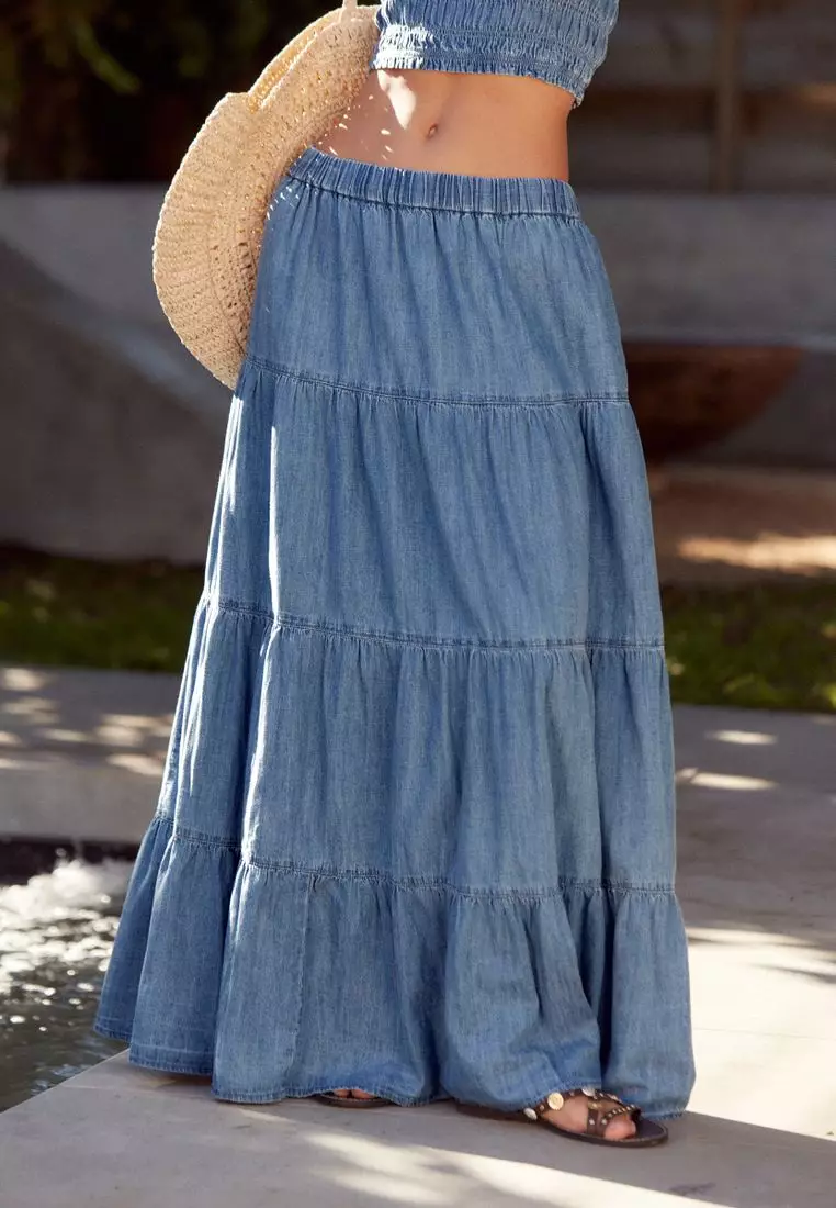 Buy NEXT Tiered Lightweight Denim Maxi Skirt 2024 Online | ZALORA