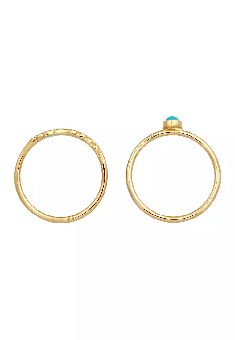 Cincin Perhiasan Perak 925 Wanita Set Feather Howlite Turquoise Gold Plated