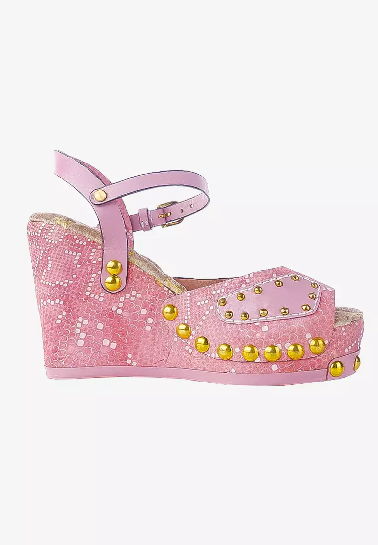 Discount on Csheon  shoes - SKU: Pastel Pink Snakeskin Studded Wedges Heels Genuine Leather By Csheon