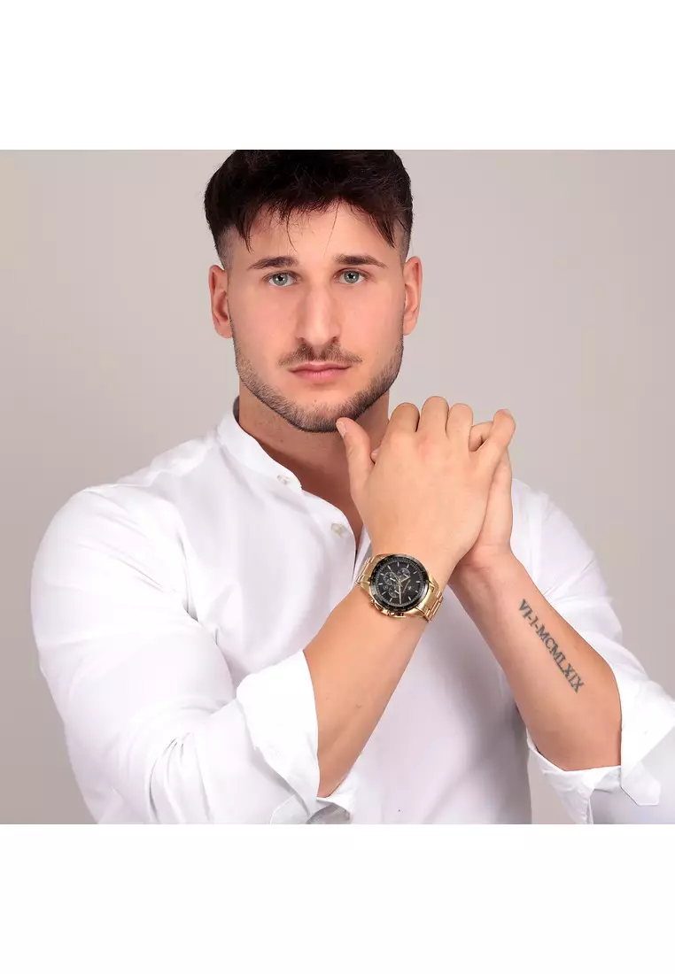 【2 Years Warranty】Maserati Traguardo 45mm Black Dial Gold Stainless Steel Strap Men's Chronograph Quartz Watch R8873612041 With Luminous Dial Hands