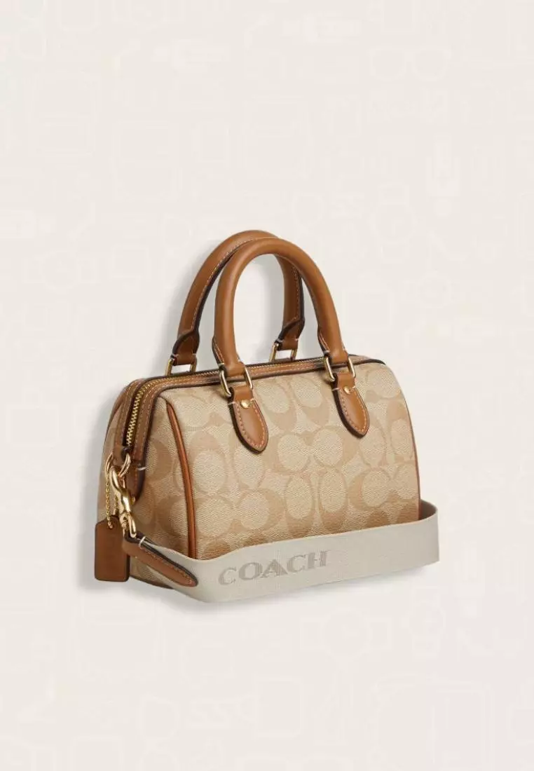 Coach Mini Rowan Crossbody In Signature Canvas With Stripe Light Khaki Chalk Lt Saddle
