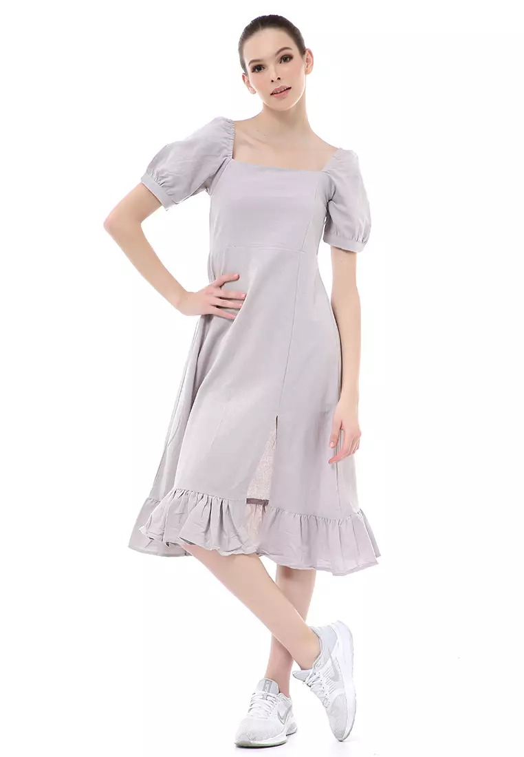 Rachel Midi Dress Rample Wanita Vintage Bottom Lengan Pendek Material Linen ORIGINAL - Gray