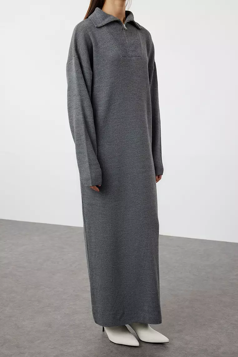 Smoked Comfortable Zippered Collar Basic Knitwear Dress TCTAW25EB00013