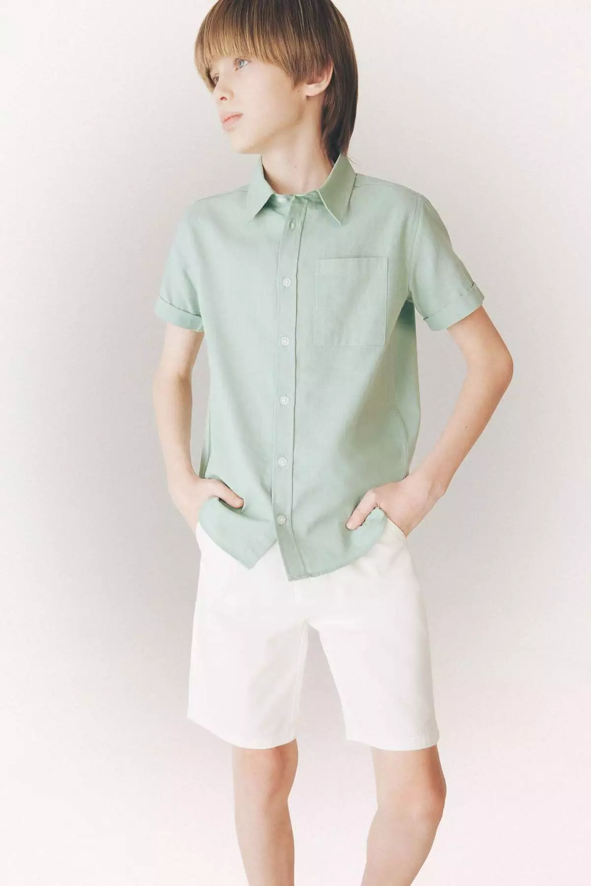 Boy's Polo Neck Linen Look Basic Plain Short Sleeve Shirt Z3204A625Sm