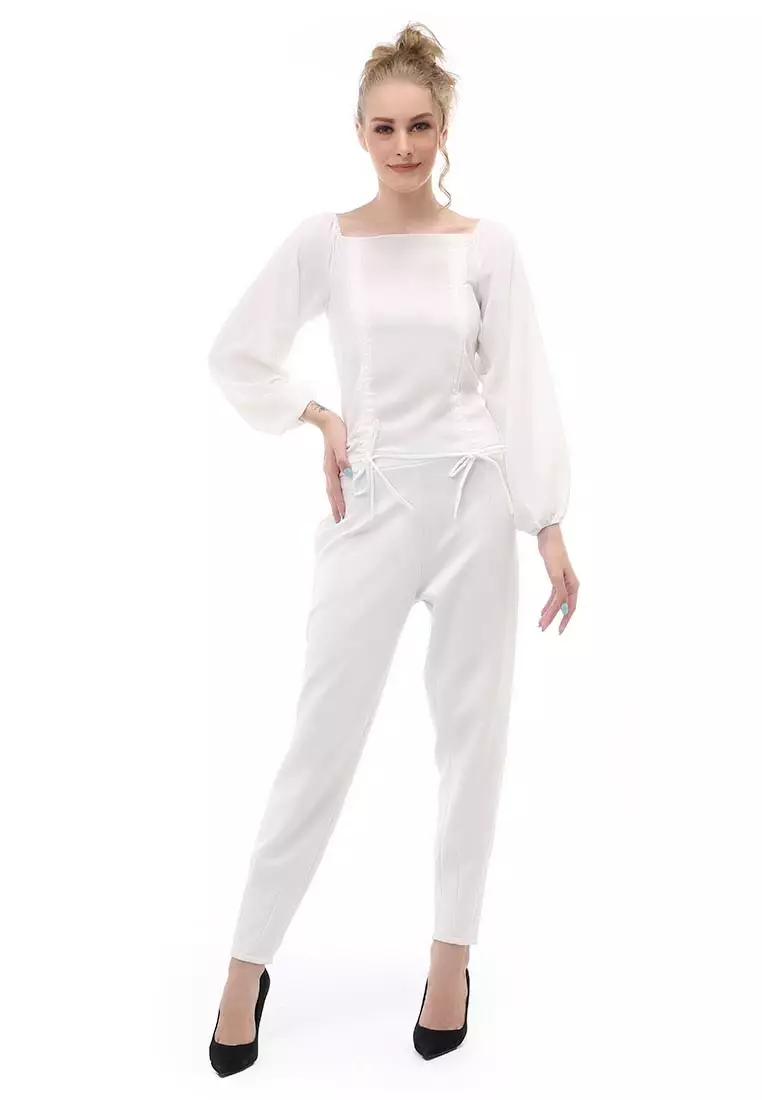 Cheva Blouse Atasan Wanita Sabrina Tali Lengan Panjang Casual Top Long Sleeve Comfortable Material Wolfis ORIGINAL - White