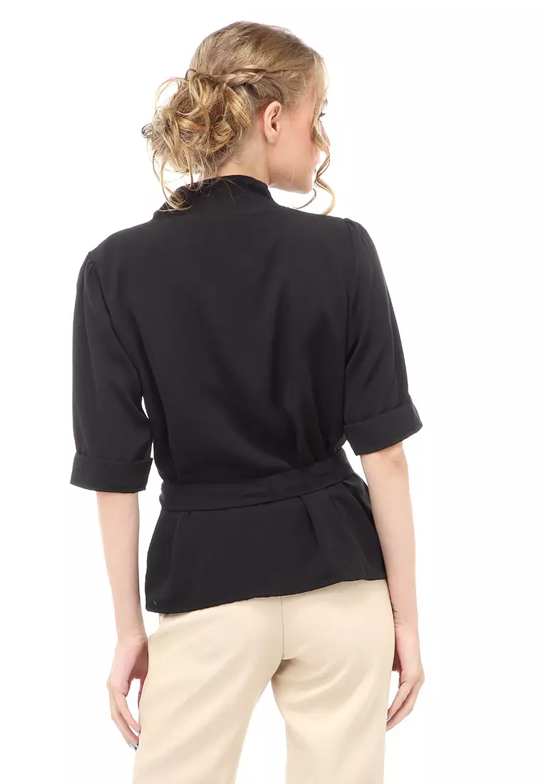 Cheva Blouse Atasan Wanita Kasual Model Tali Ikat Pinggang Material Wolfis ORIGINAL - Black