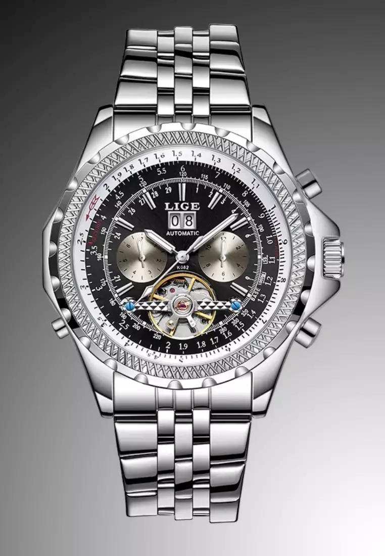 AUTOMATIC Unisex Stainless Steel Self-winding Watch, 46mm Diameter, Black dial on Steel Bracelet