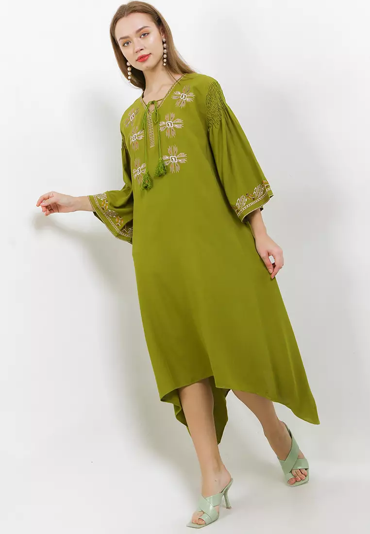 Asym Hem Emb Linen Smocked Detail On Sleeve Tunic